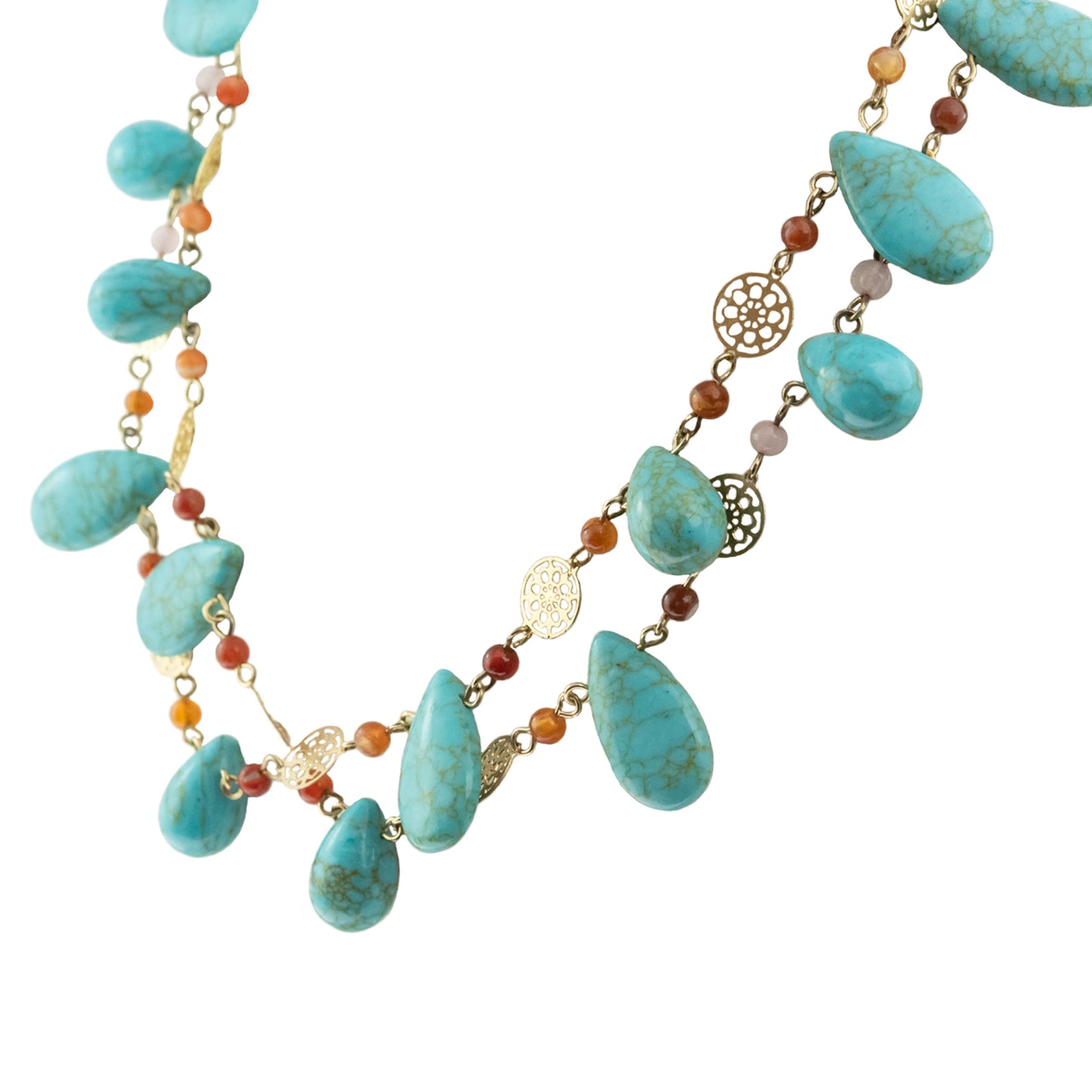 Genuine Turquoise and Carnelian Double Layer Statement Bib Necklace with Gold Tone Accents