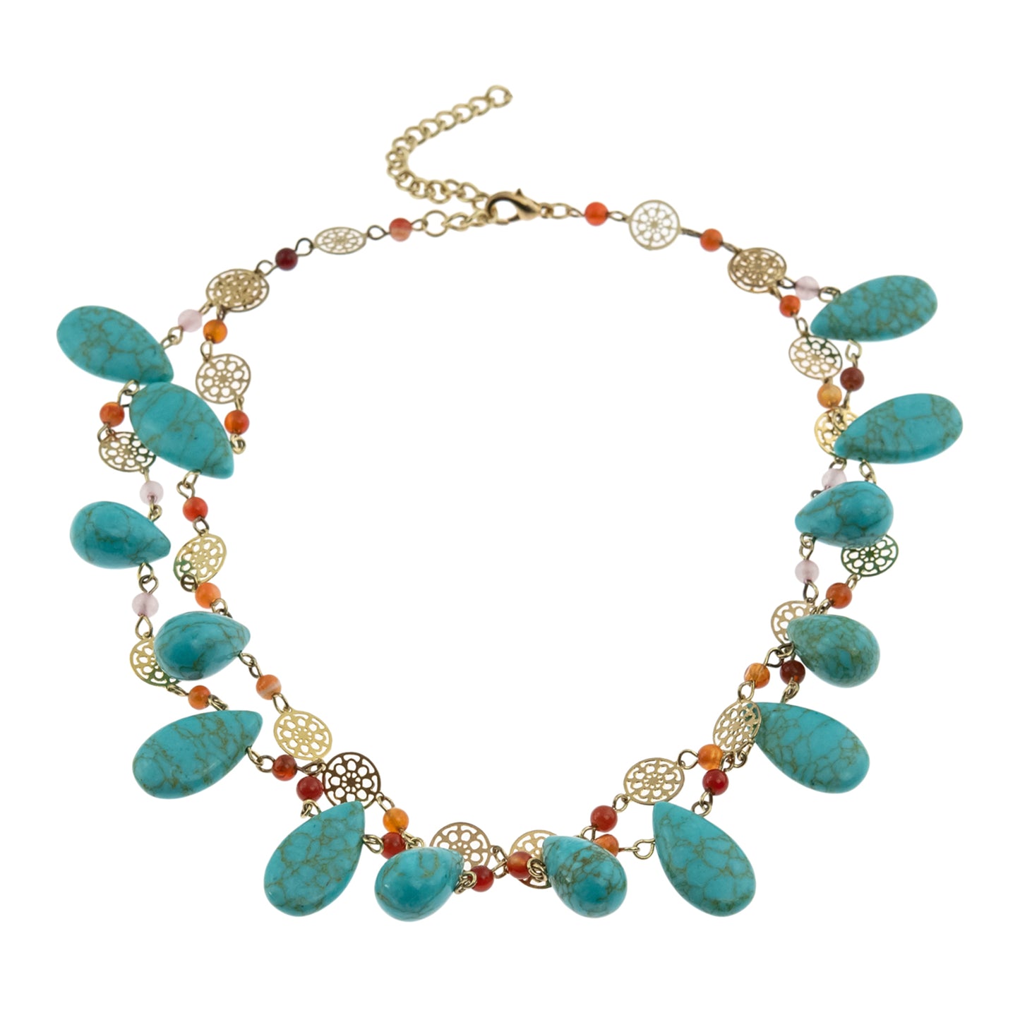 Genuine Turquoise and Carnelian Double Layer Statement Bib Necklace with Gold Tone Accents
