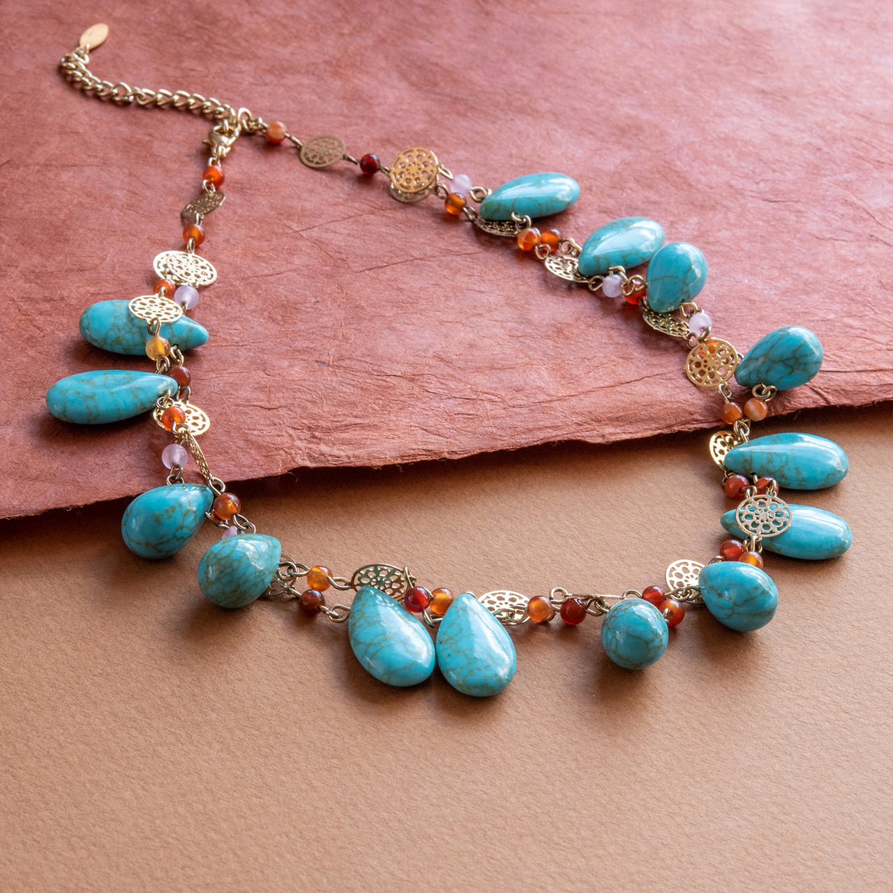 Genuine Turquoise and Carnelian Double Layer Statement Bib Necklace with Gold Tone Accents