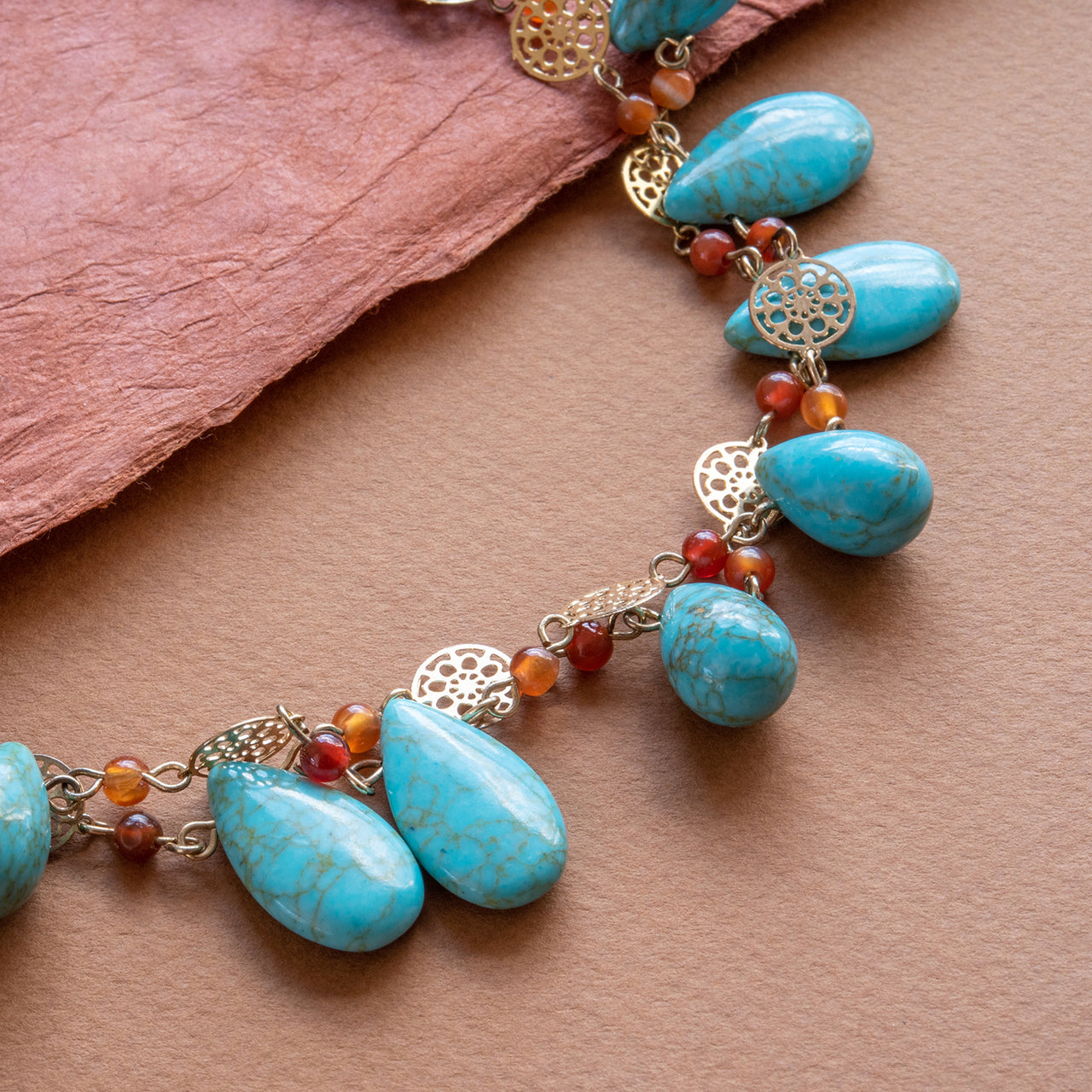 Genuine Turquoise and Carnelian Double Layer Statement Bib Necklace with Gold Tone Accents