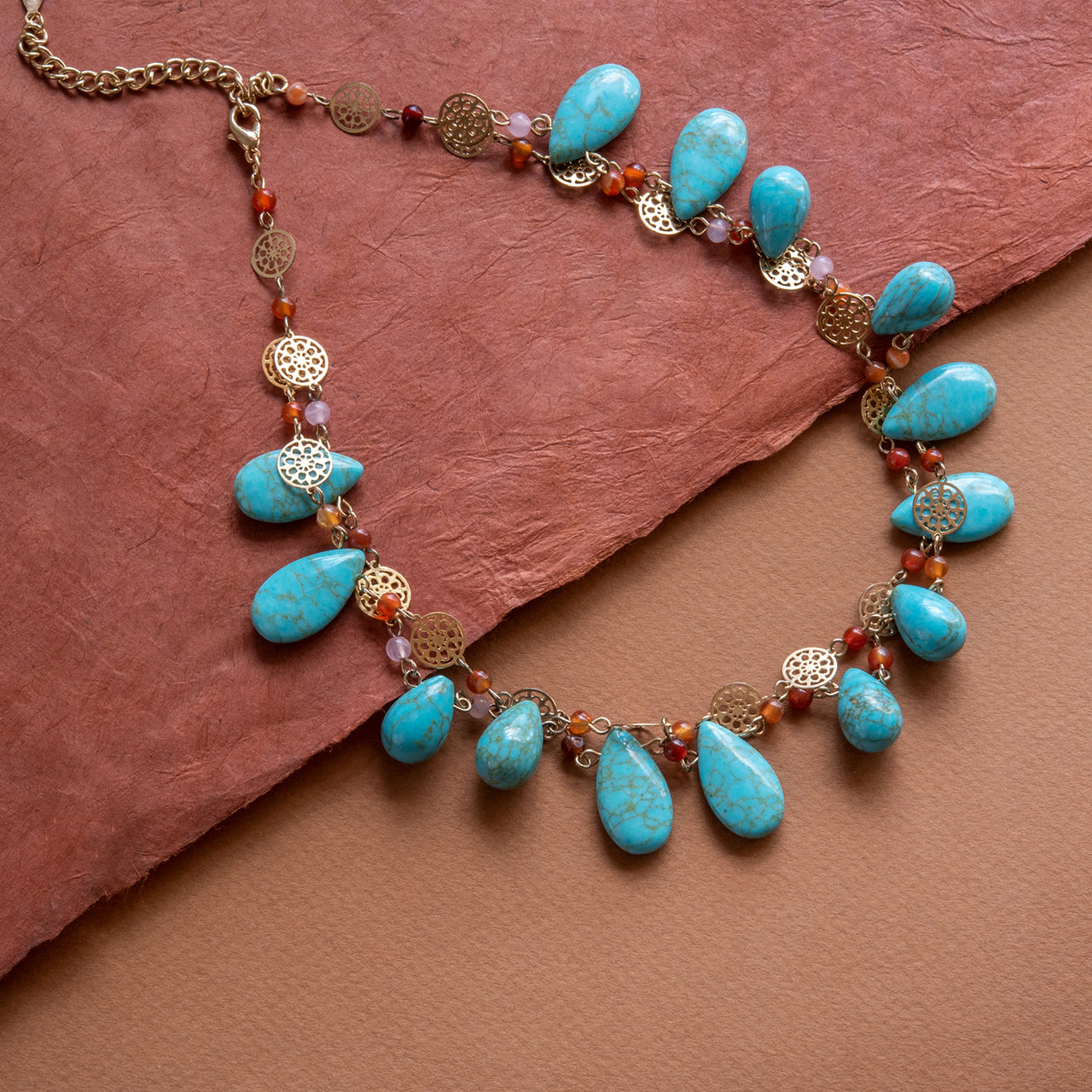 Genuine Turquoise and Carnelian Double Layer Statement Bib Necklace with Gold Tone Accents