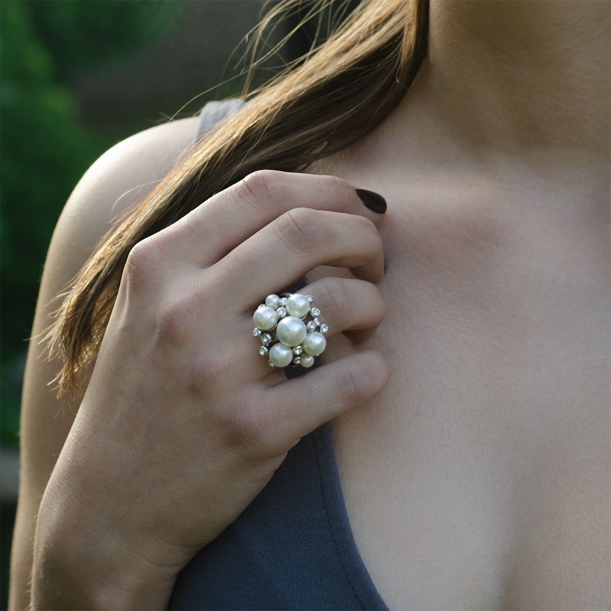 Elegant Pearl Cluster Statement Ring with Crystal Accents