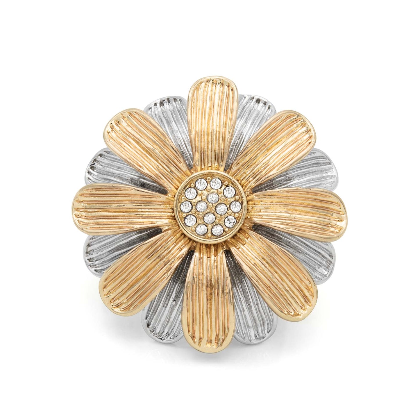 Two Tone Daisy Flower Crystal Stretch Ring with Austrian Crystals - Silver and Gold Fashion Statement Ring