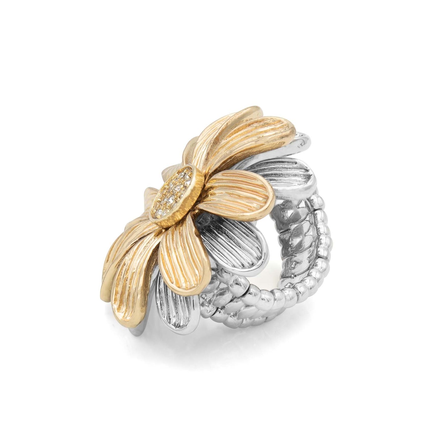 Two Tone Daisy Flower Crystal Stretch Ring with Austrian Crystals - Silver and Gold Fashion Statement Ring