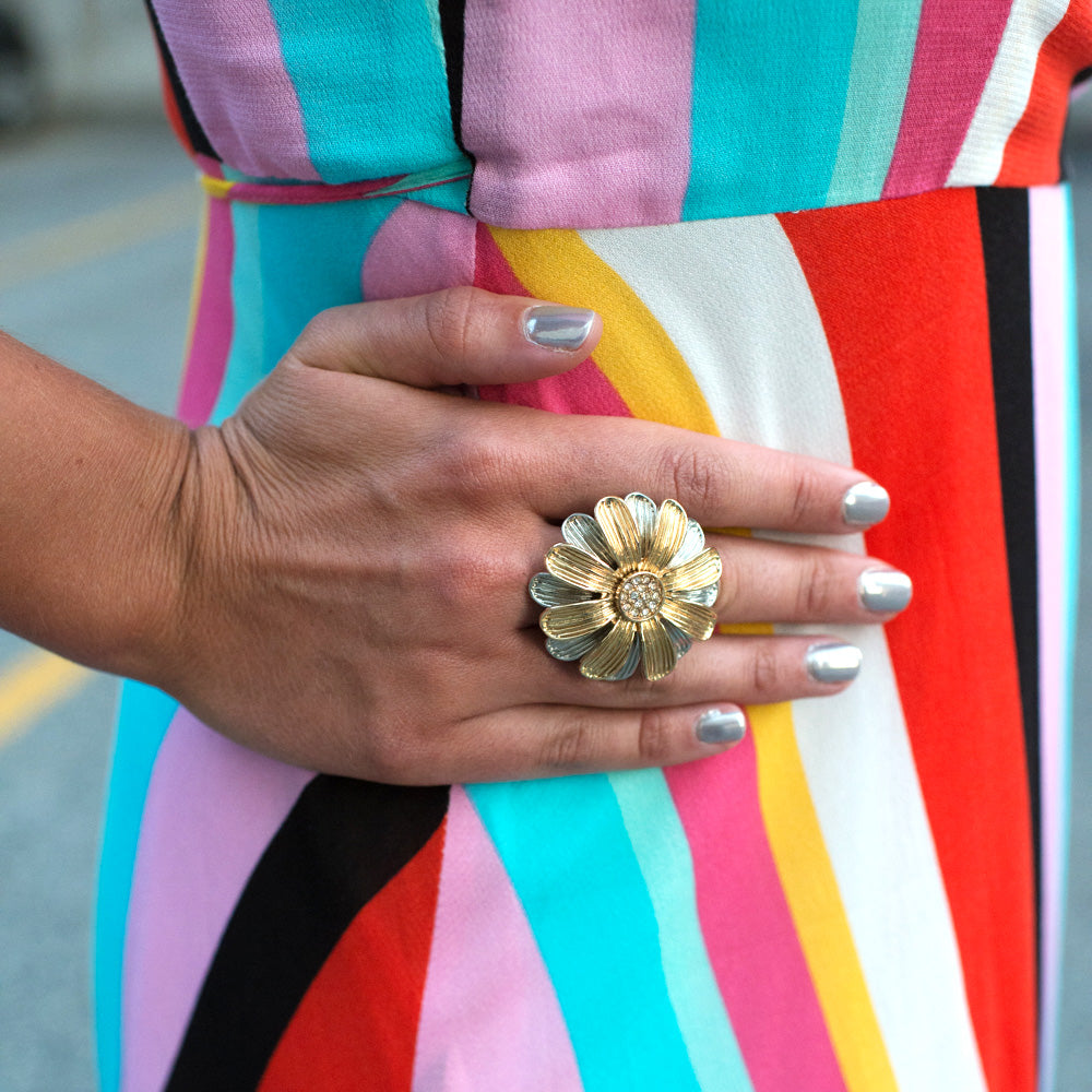 Two Tone Daisy Flower Crystal Stretch Ring with Austrian Crystals - Silver and Gold Fashion Statement Ring