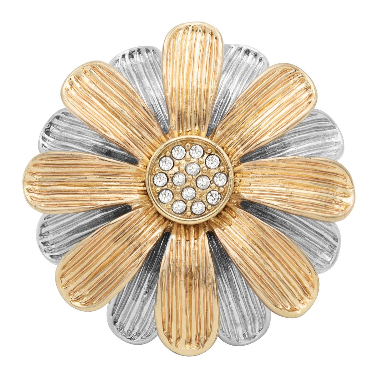 Two Tone Daisy Flower Crystal Stretch Ring with Austrian Crystals - Silver and Gold Fashion Statement Ring