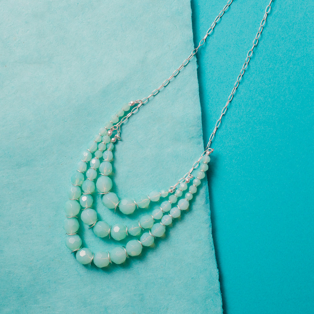 Elegant 3-Strand Mint Green Faceted Glass Bead Necklace and Bracelet Set with Silver Tone Chain