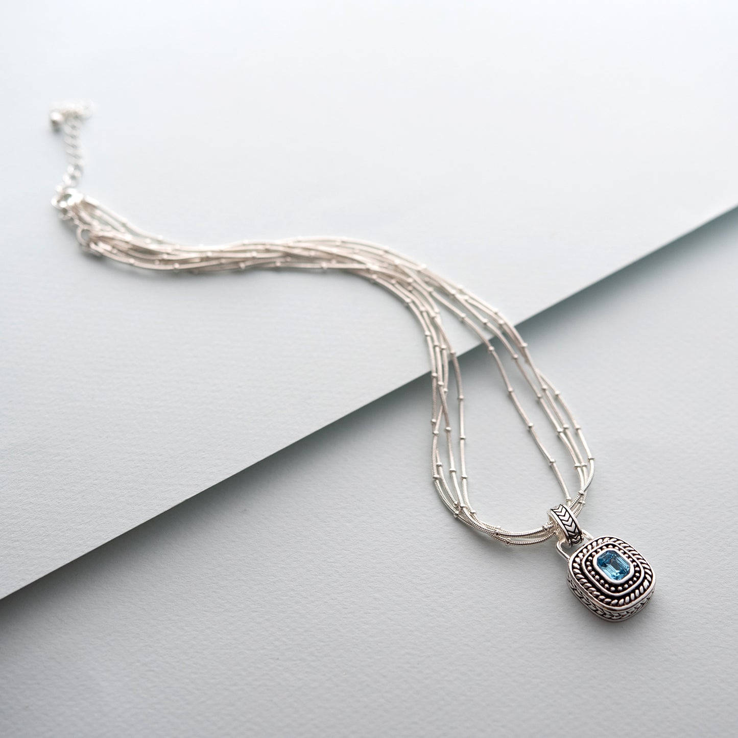Convertible Aqua Blue Austrian Crystal Multi-Chain Silver Tone Necklace with Removable Pendant