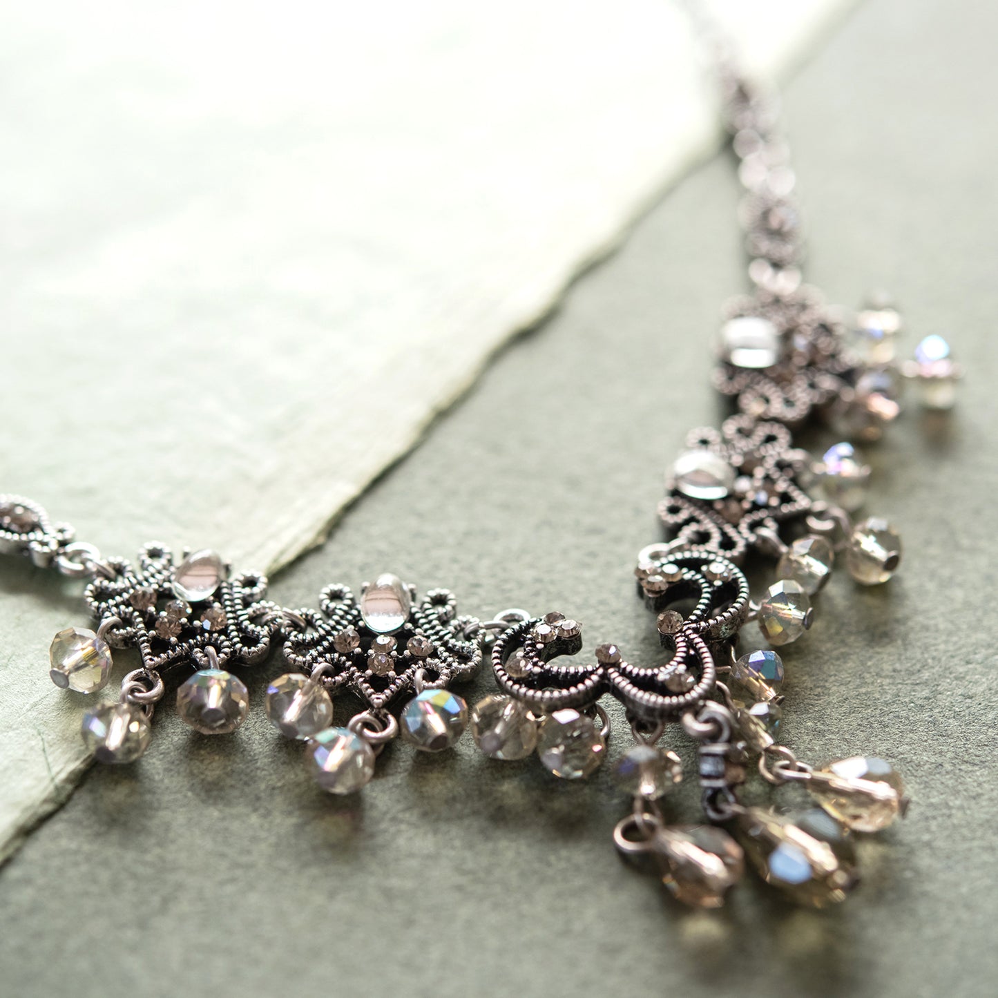 Elegant Black Diamond Crystal Chandelier Necklace and Earring Set with Aurora Borealis Beads - Antique Silver
