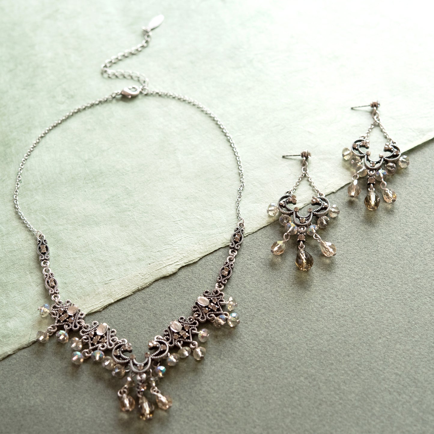 Elegant Black Diamond Crystal Chandelier Necklace and Earring Set with Aurora Borealis Beads - Antique Silver