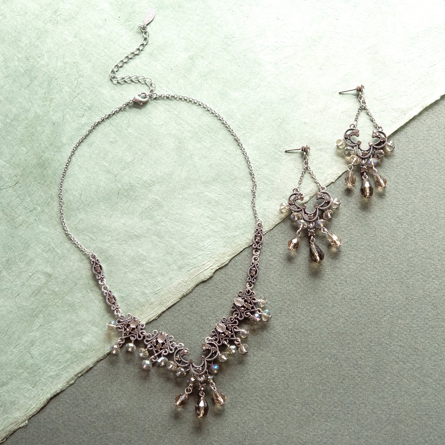 Elegant Black Diamond Crystal Chandelier Necklace and Earring Set with Aurora Borealis Beads - Antique Silver