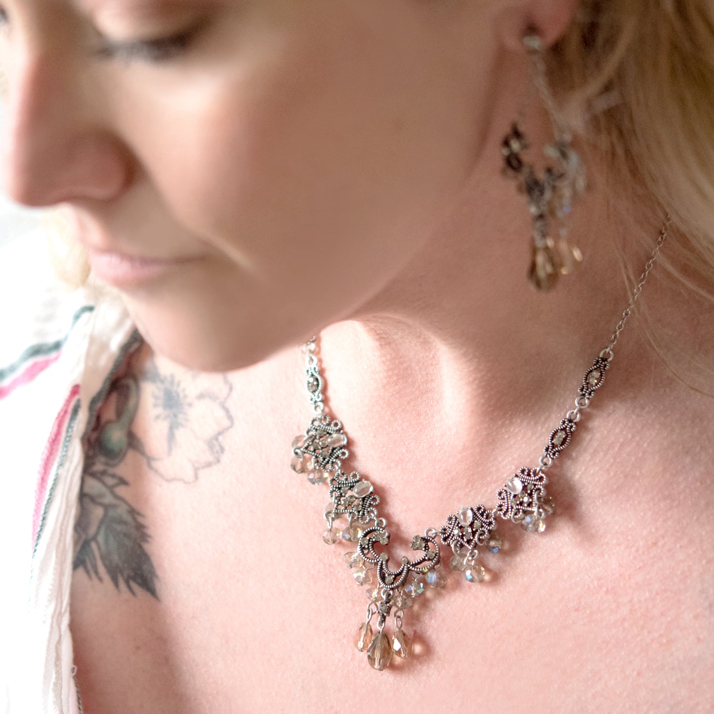 Elegant Black Diamond Crystal Chandelier Necklace and Earring Set with Aurora Borealis Beads - Antique Silver