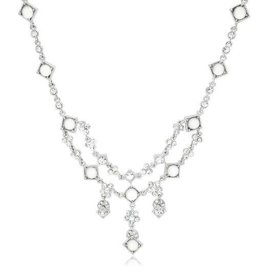 Vintage Style Crystal and Moonstone Statement Necklace - Elegant Wedding Special Occasion Bib Necklace with Rhodium Finish