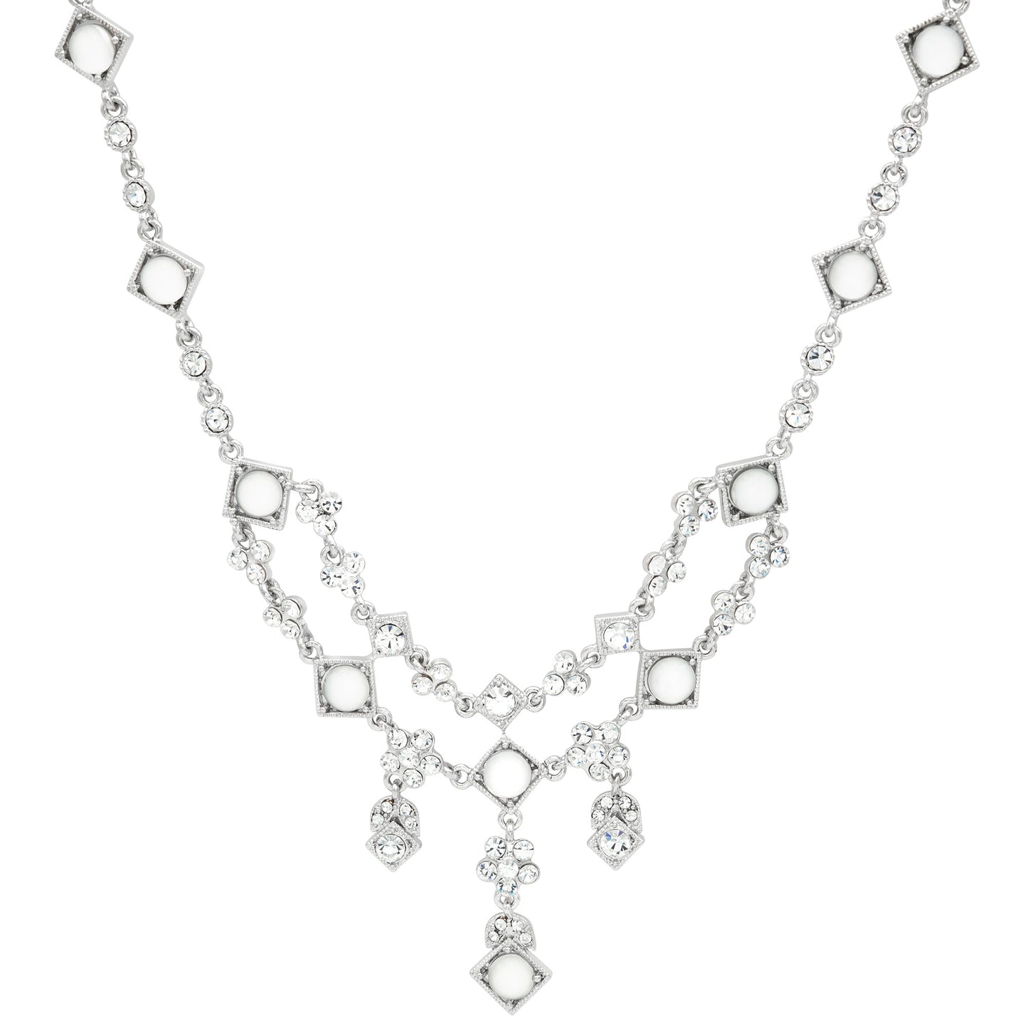 Vintage Style Crystal and Moonstone Statement Necklace - Elegant Wedding Special Occasion Bib Necklace with Rhodium Finish
