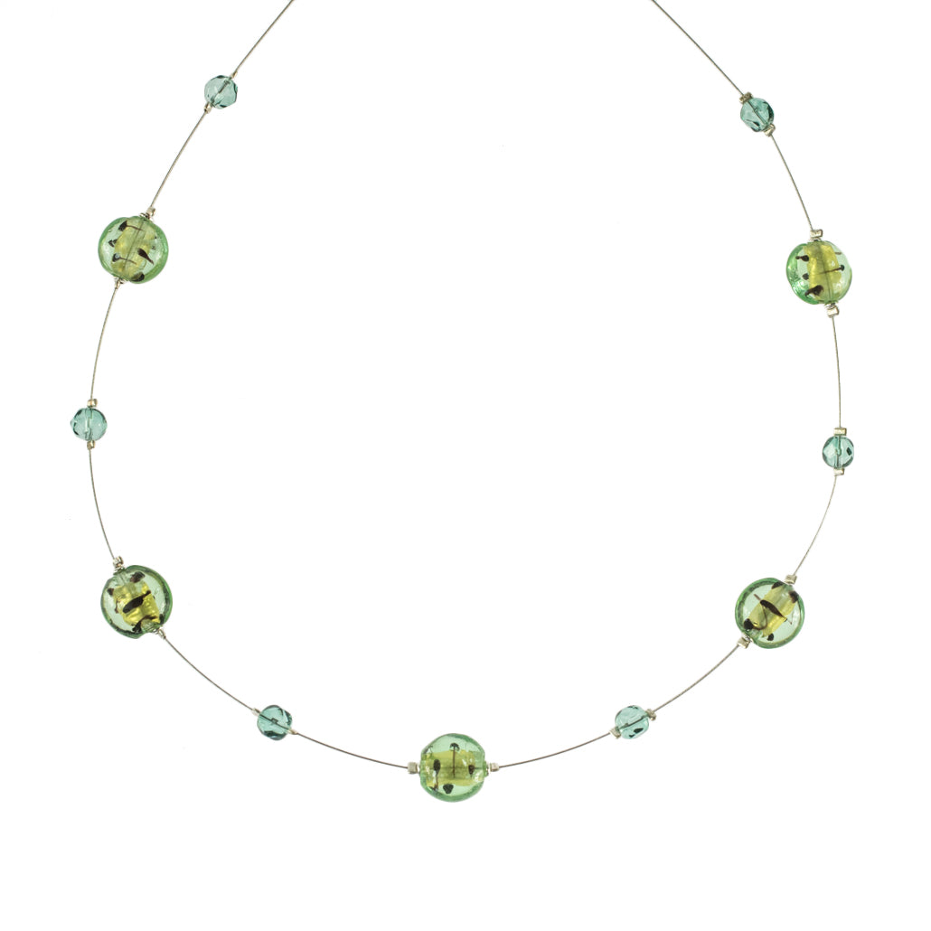 Summer Beach Green Glass Bead Necklace and Drop Earring Set with Silver Tone Wire