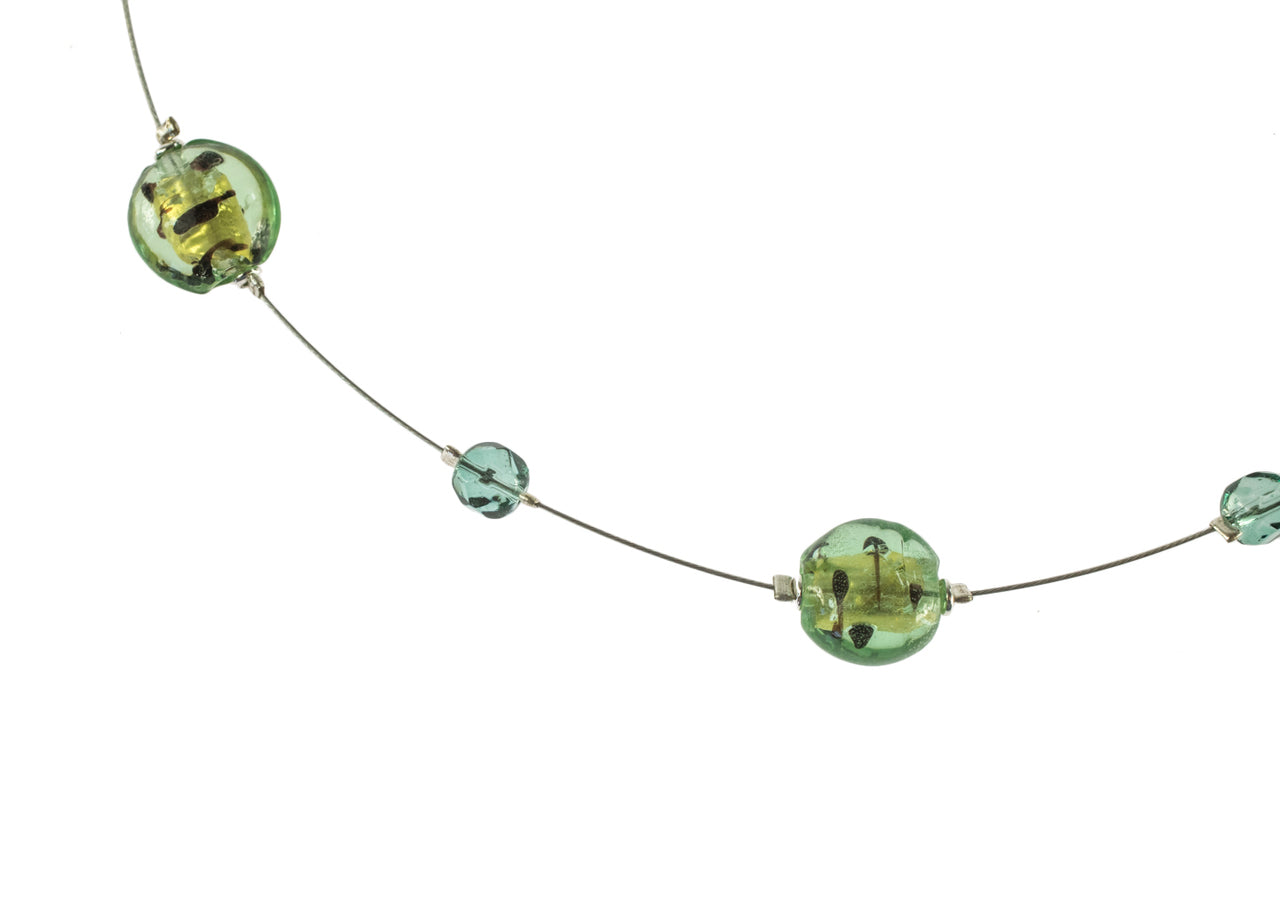 Summer Beach Green Glass Bead Necklace and Drop Earring Set with Silver Tone Wire