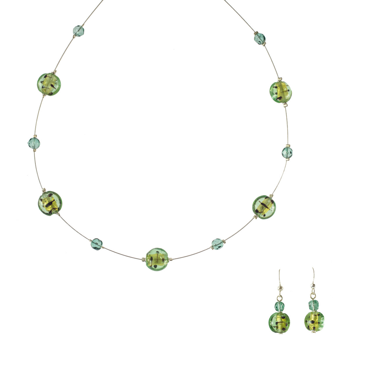 Summer Beach Green Glass Bead Necklace and Drop Earring Set with Silver Tone Wire