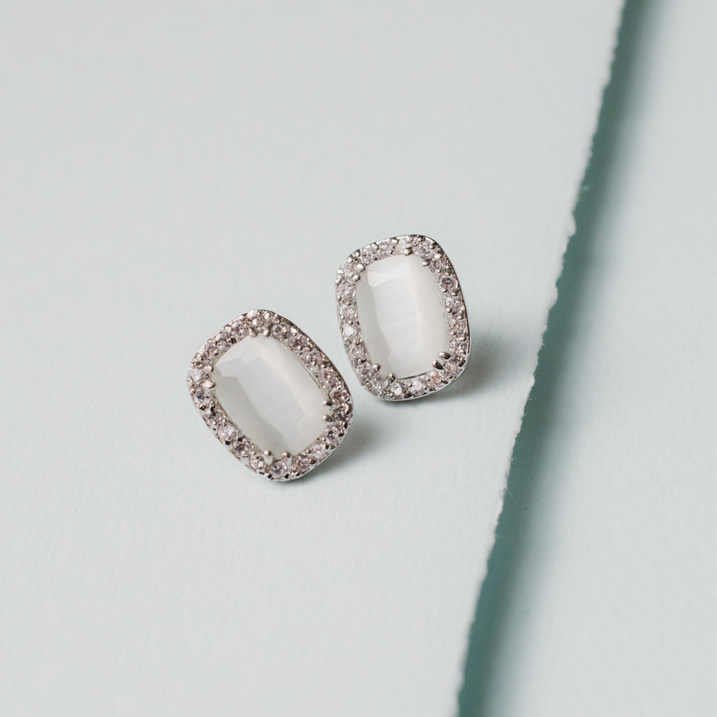Elegant White Cat's Eye and Austrian Crystal Halo Stud Earrings for Bridal Wedding Special Occasions