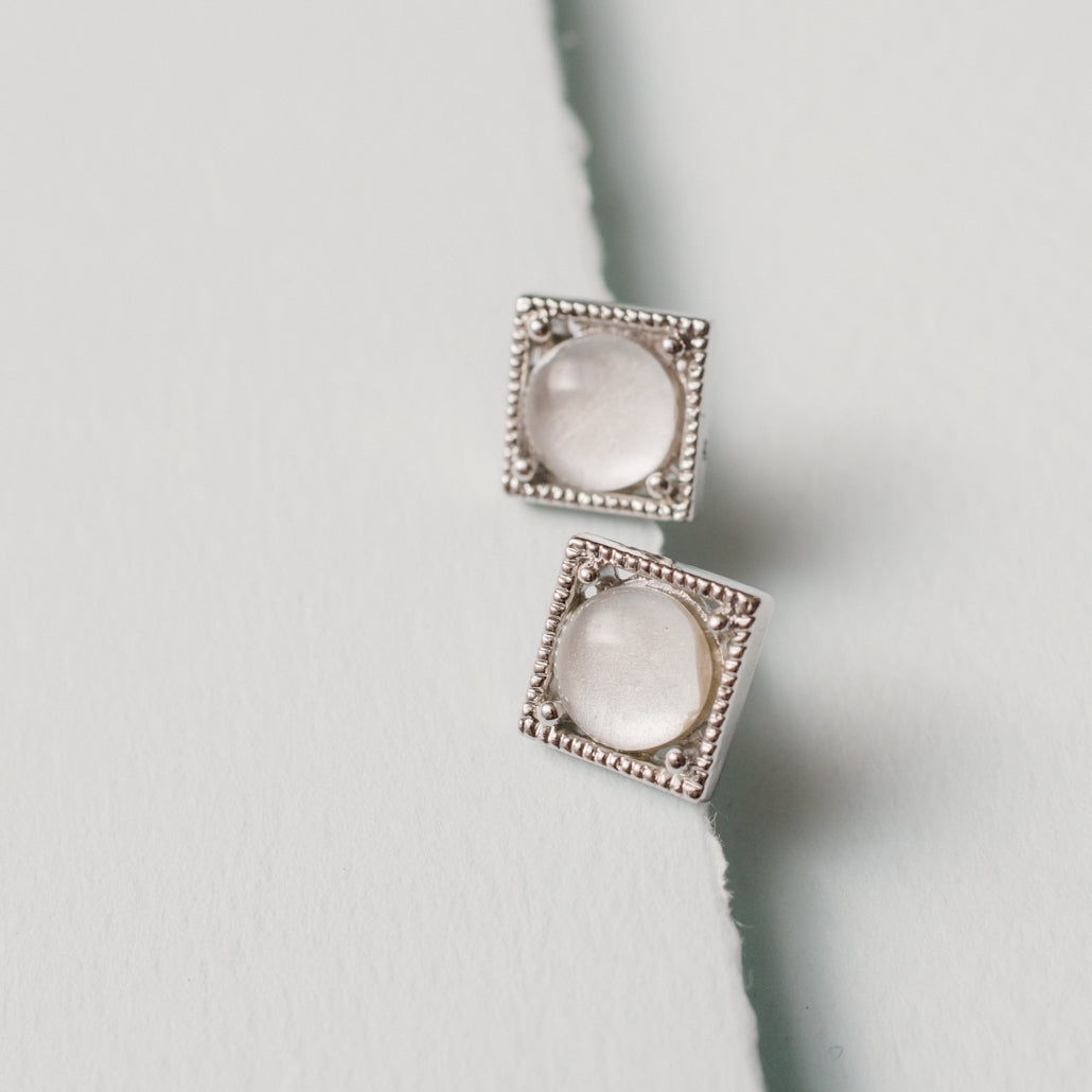 Elegant Square Frame Milky White Crystal Stud Earrings with Textured Border 7mm