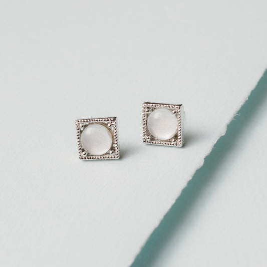 Elegant Square Frame Milky White Crystal Stud Earrings with Textured Border 7mm