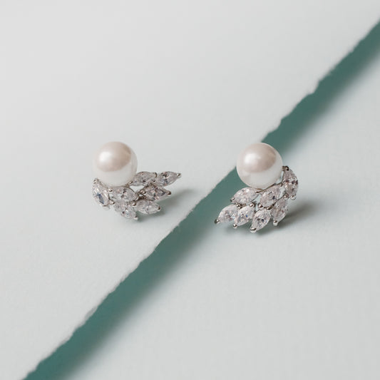 Elegant White Glass Pearl and Austrian Crystal Marquise Stud Earrings for Weddings and Special Occasions