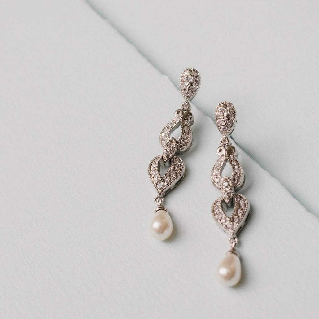 Vintage Style Pearl Drop Crystal Dangle Earrings - Wedding Bridal Austrian Crystal Pearl Earrings 1.75 Inch