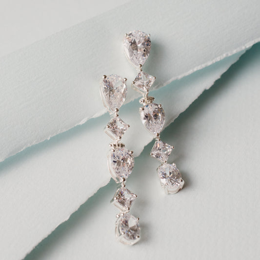 Elegant Crystal Drop Earrings with Teardrop and Princess Cut CZ Stones - 2 inch Bridal Dangle Earrings