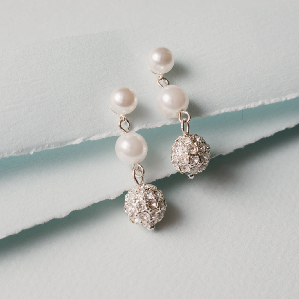 Elegant Pearl and Crystal Ball Drop Earrings - Wedding, Bridal, Special Occasion Jewelry
