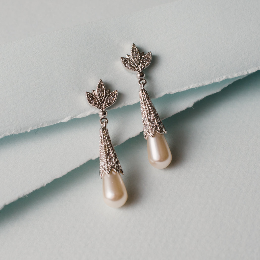 Vintage Style Crystal Leaf Pearl Drop Earrings with Austrian Crystals - Wedding Bridal Special Occasion Jewelry