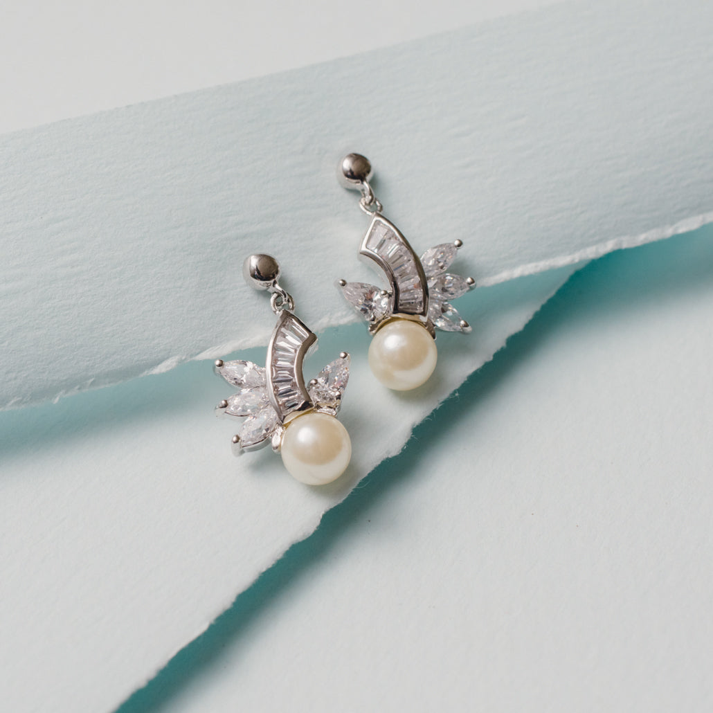 Elegant Pearl Drop Earrings with Austrian Crystal Accent and Silver Tone Finish - Bridal Wedding Jewelry