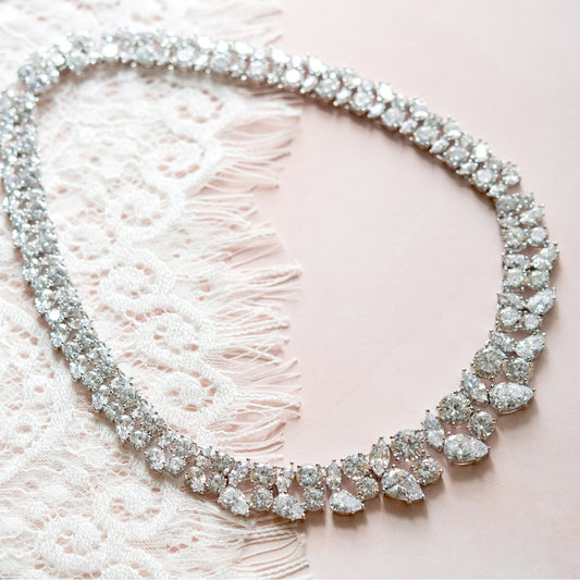Luxury Bridal Statement Necklace with Mixed Cut Cubic Zirconia Crystals in Silver Tone