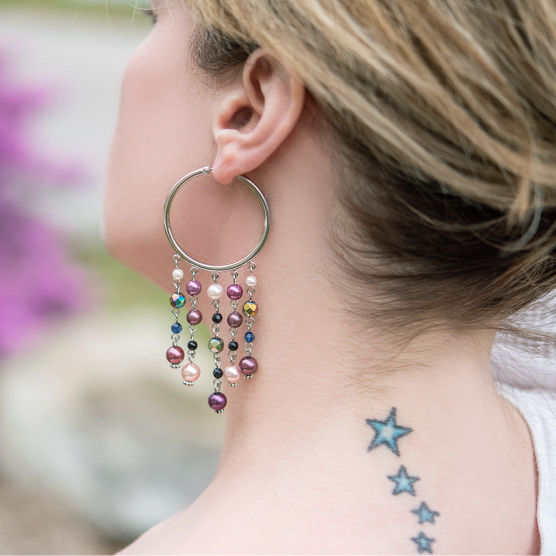 Multicolor Pearl Drop Hoop Earrings with Dangling Resin Beads - Silver Tone Statement Earrings