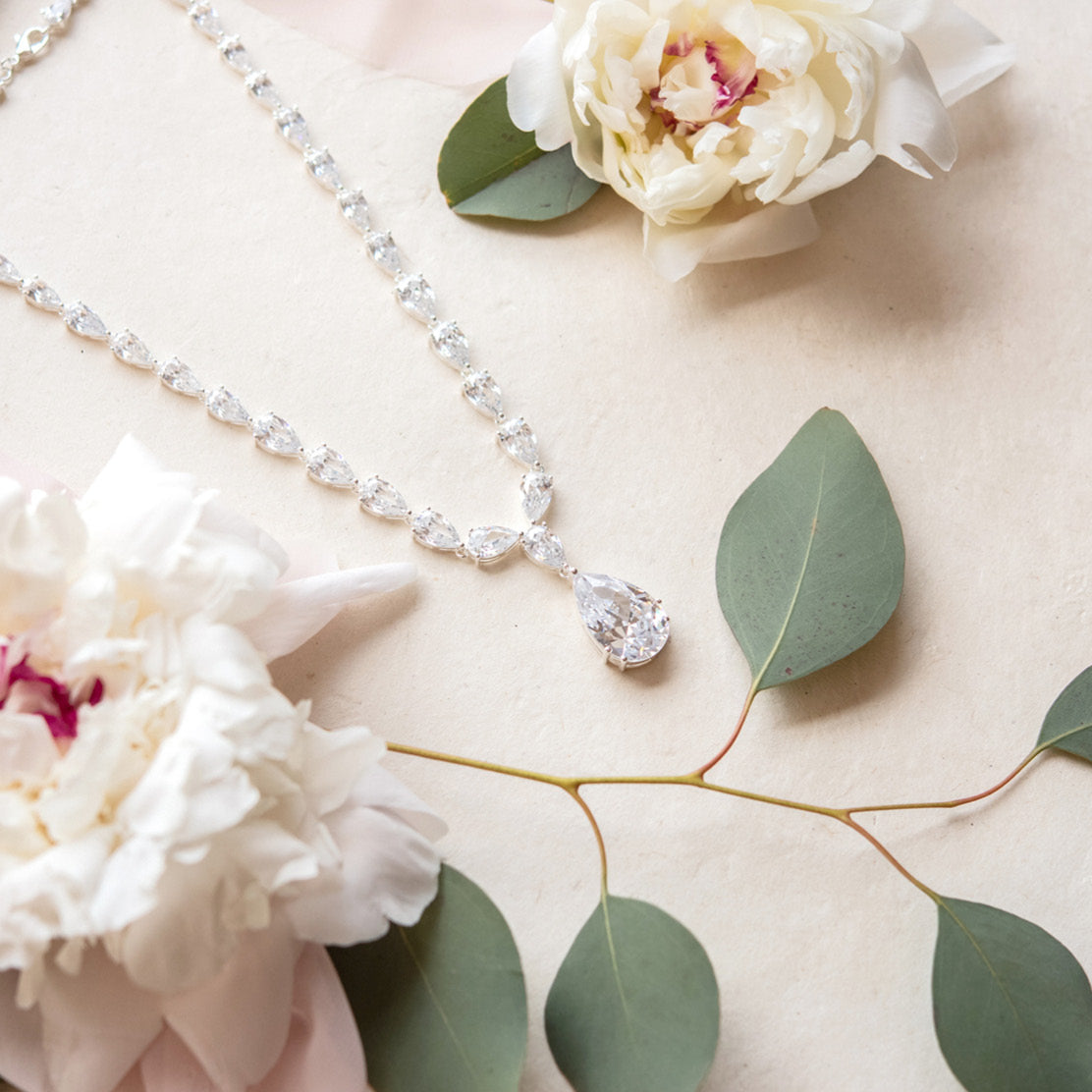 Elegant Teardrop Cubic Zirconia Y-Necklace with Pear Shape Stones - 16 inch Bridal Statement Necklace