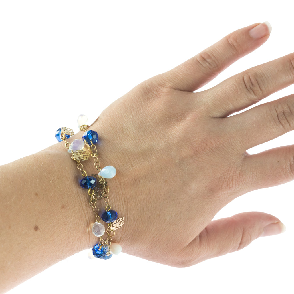 Elegant Opal Quartz Bracelet with Blue Glass Beads and Gold Tone Leaf Charms - 8 inch Toggle Clasp