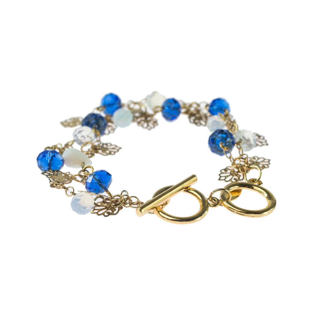 Elegant Opal Quartz Bracelet with Blue Glass Beads and Gold Tone Leaf Charms - 8 inch Toggle Clasp