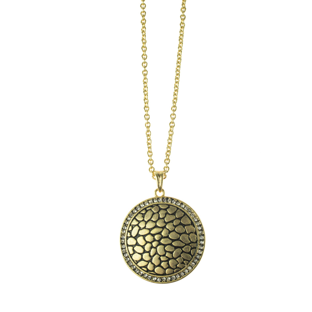 Gold Tone Textured Circle Pendant Necklace with Crystal Rim, 17 Inch Chain with 3 Inch Extender