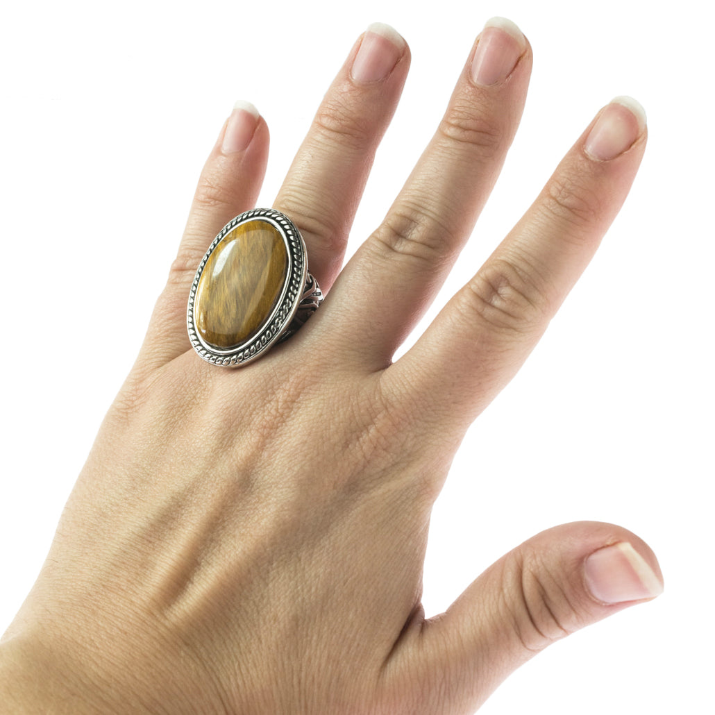Oval Tiger Eye Statement Ring with Ornate Band