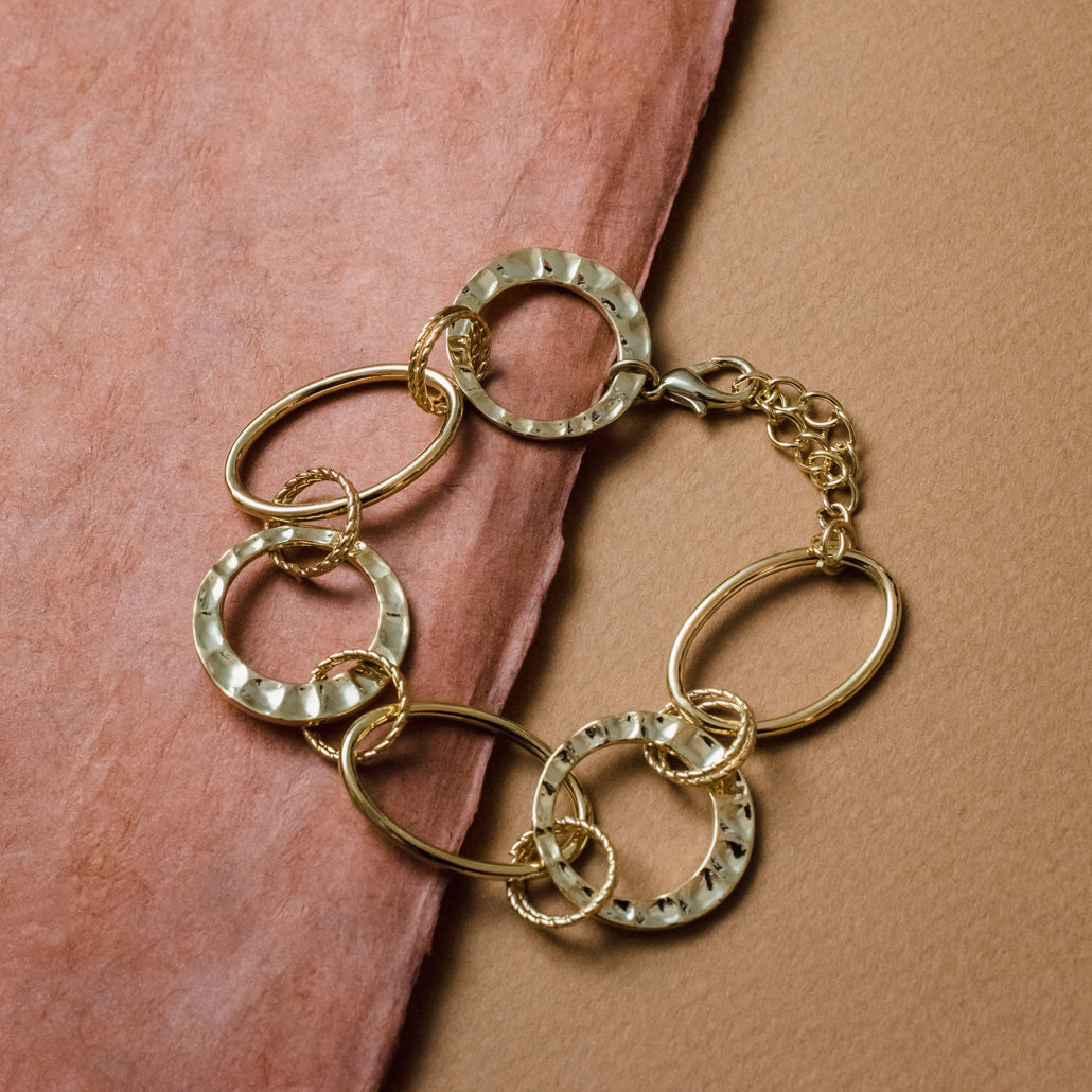 Gold Tone Mixed Link Chain Bracelet with Hammered and Smooth Circles - Fashion Statement Jewelry