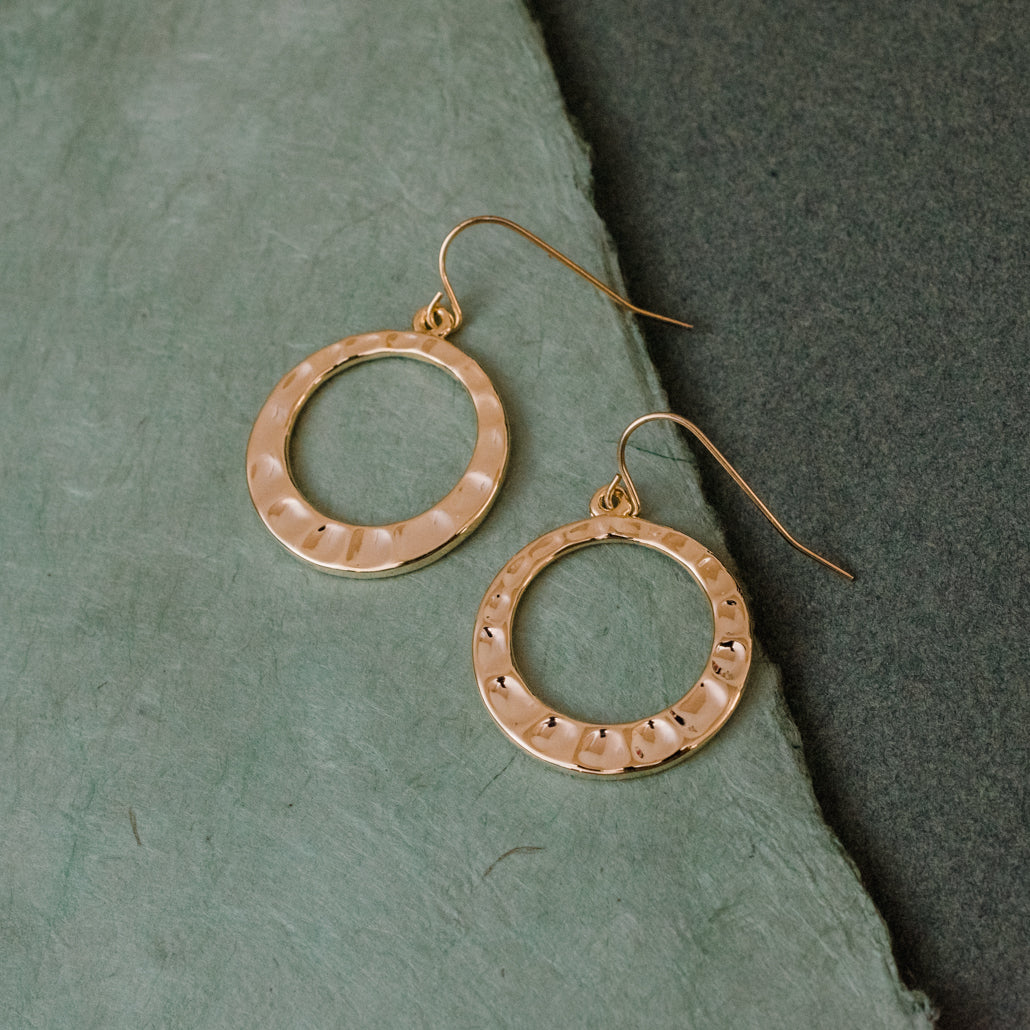 Classic Gold Tone Round Hoop Earrings with Textured Design, 1.5 Inch Drop
