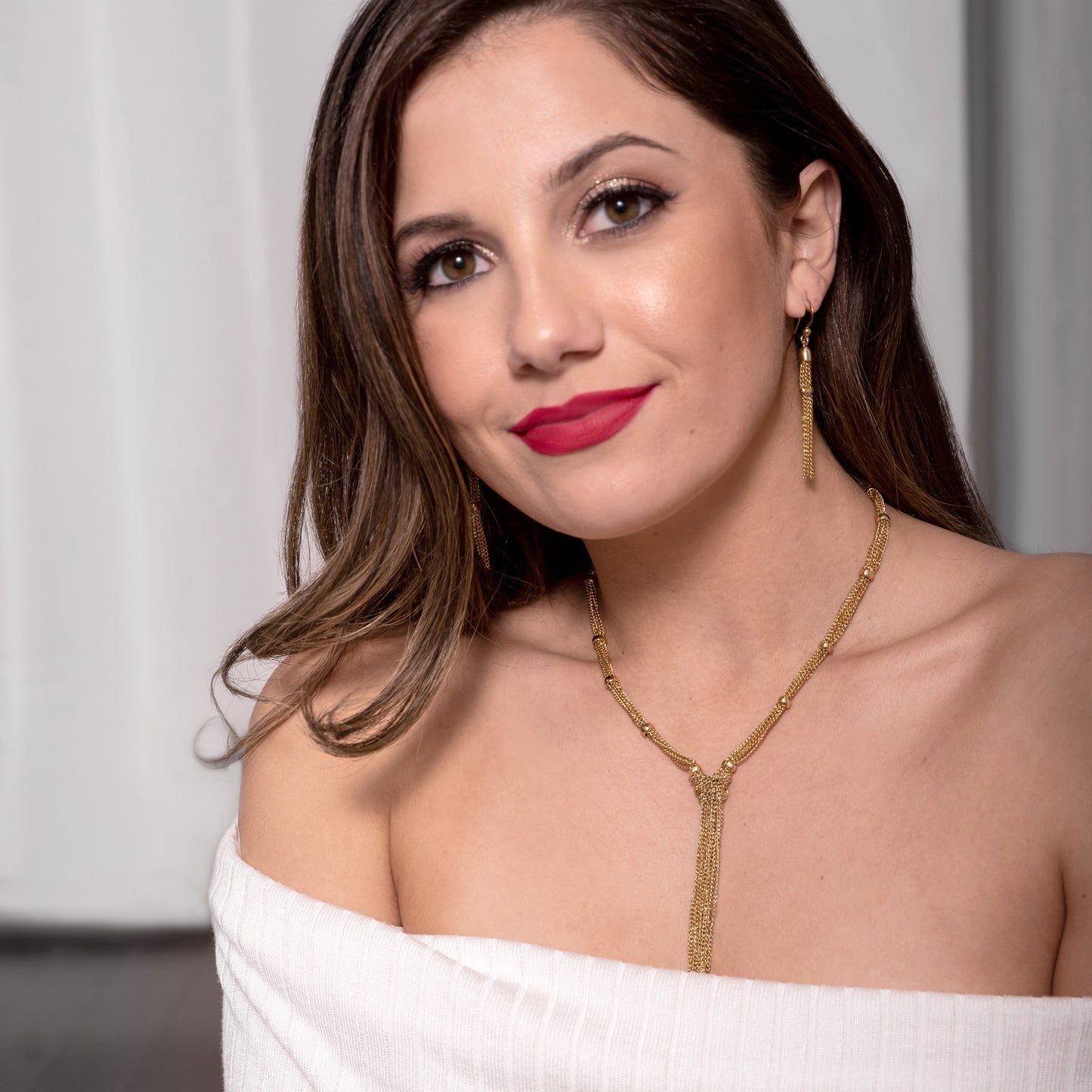 Gold Tone Layered Chain Tassel Necklace with Adjustable Length