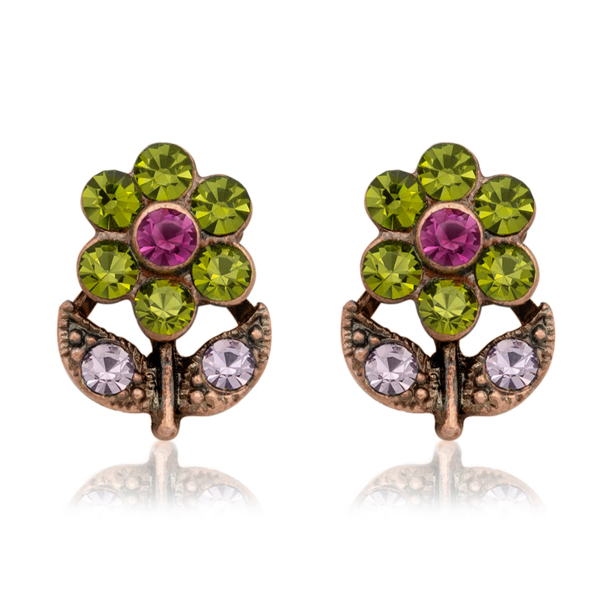 Vintage Style Crystal Flower Stud Earrings with Green Pink and Clear Crystals Rose Gold Tone