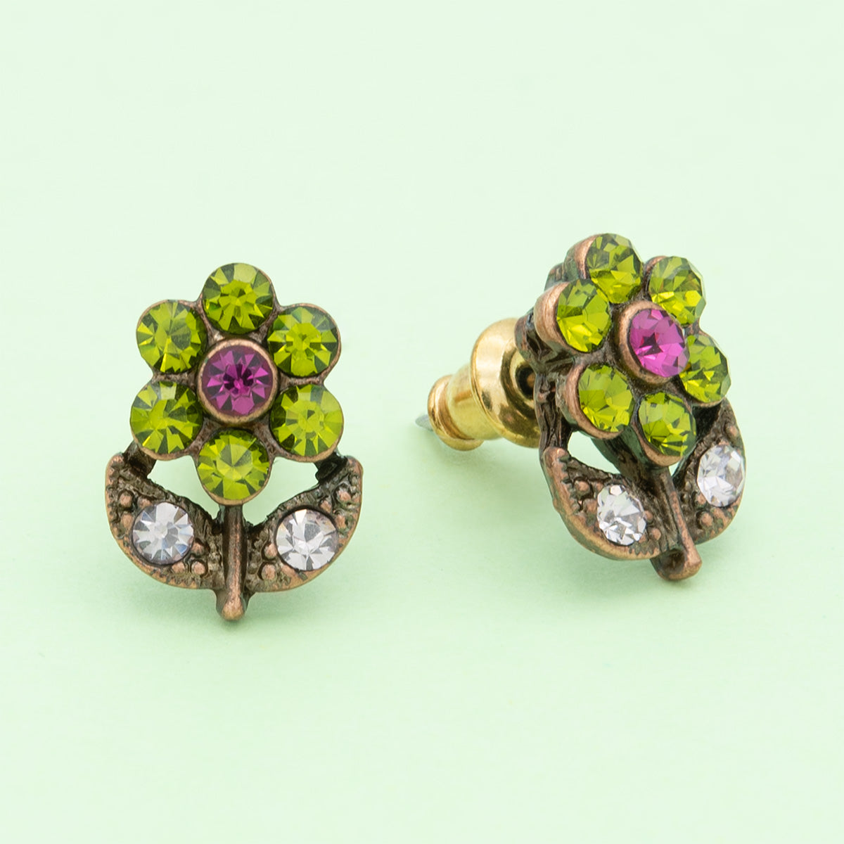Vintage Style Crystal Flower Stud Earrings with Green Pink and Clear Crystals Rose Gold Tone