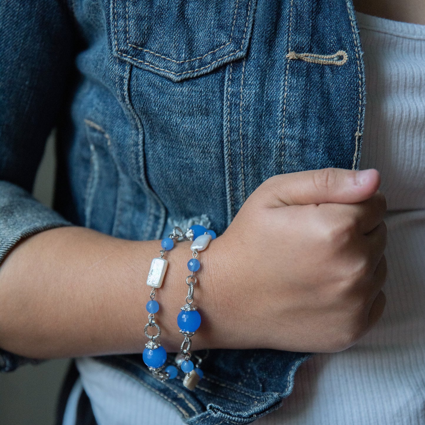 Blue Quartz and Coin Pearl Toggle Bracelet