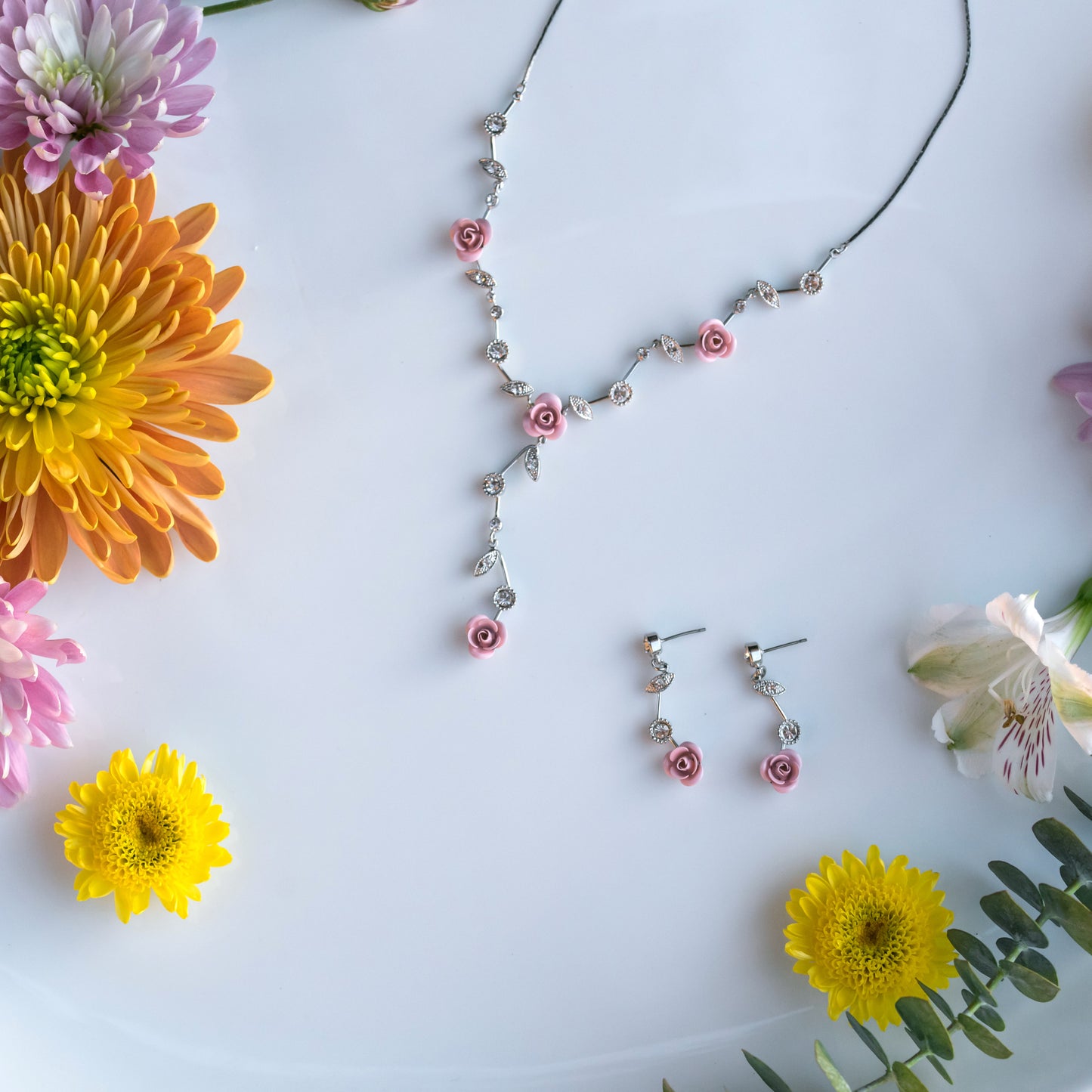 Dainty Pink Rose Drop Earrings with Crystal Accents - Romantic Floral Bridal Jewelry