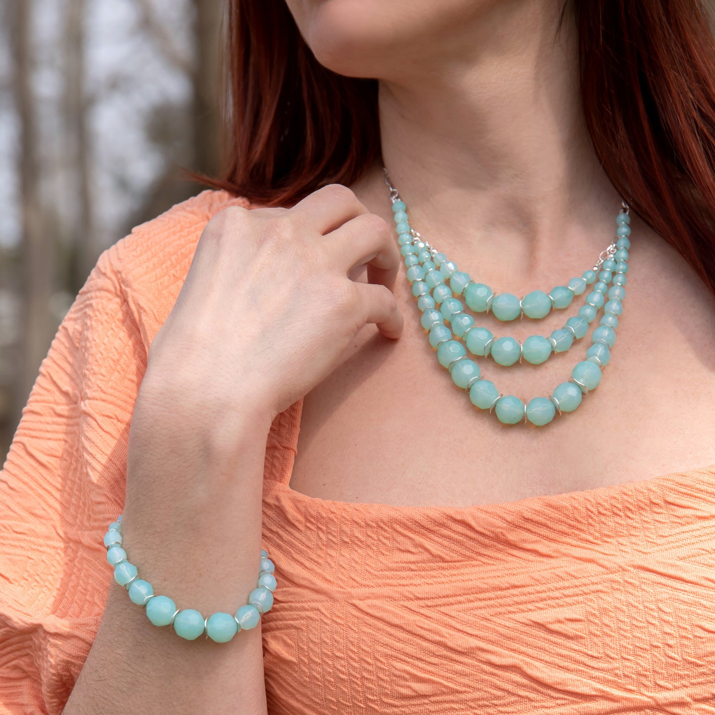 Elegant 3-Strand Mint Green Faceted Glass Bead Necklace and Bracelet Set with Silver Tone Chain
