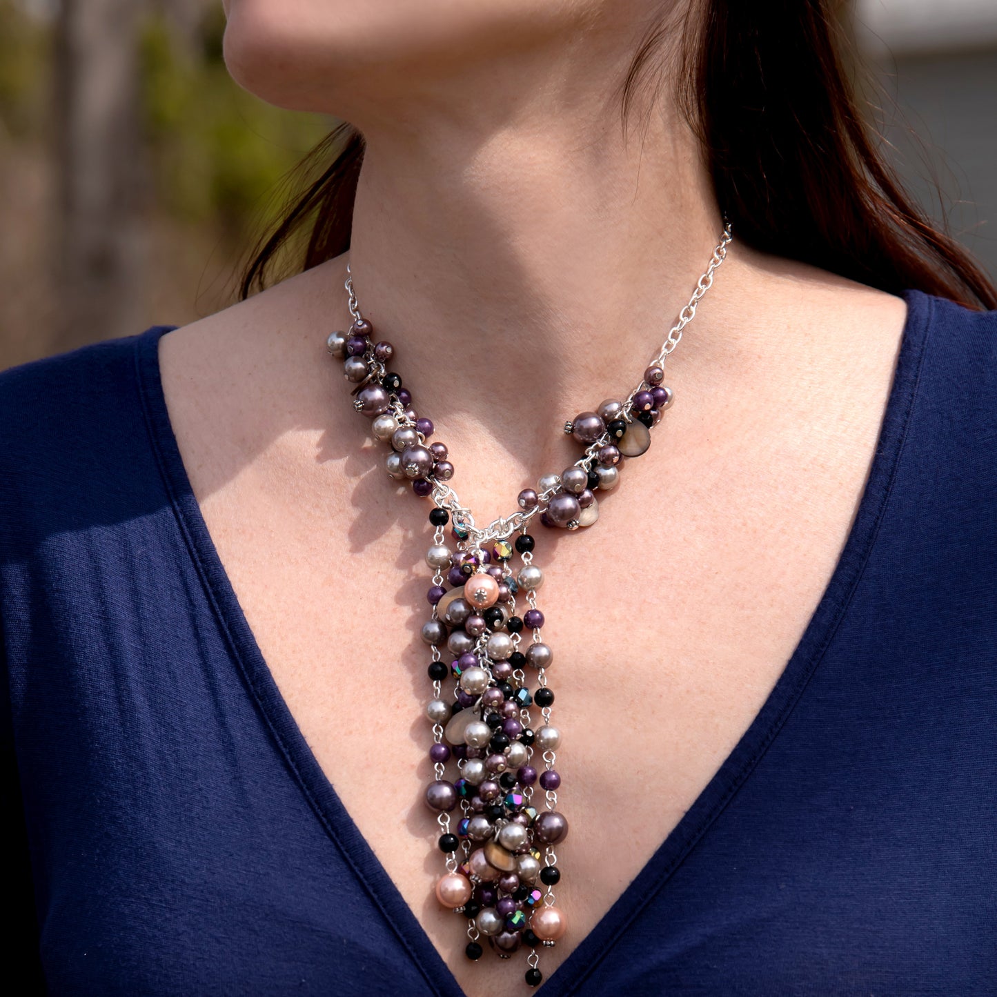 Elegant Multi-Color Pearl Y-Style Statement Necklace with Purple, Silver, and Gold Beads, 18 inch with Extender