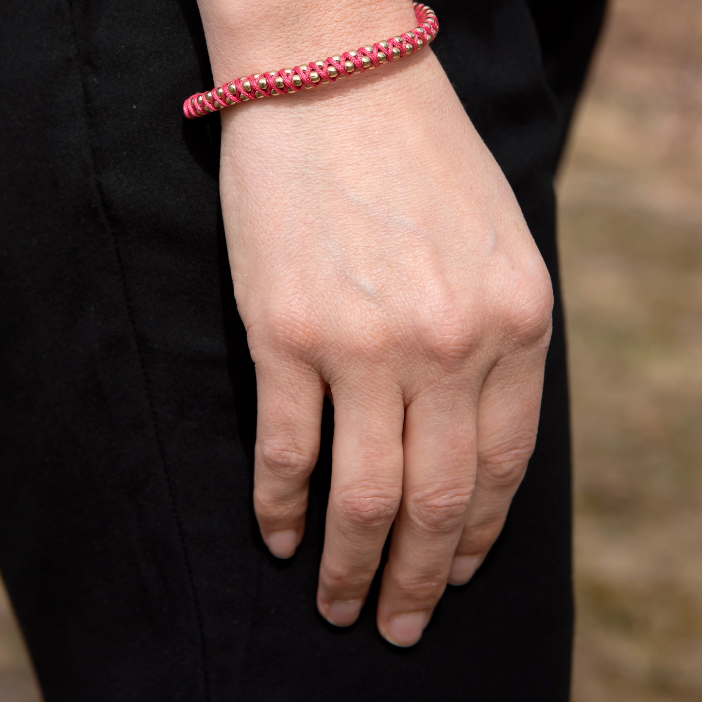 Adjustable Hot Pink Braided Cord Friendship Bracelet with Gold Tone Beads for BFF Best Friends