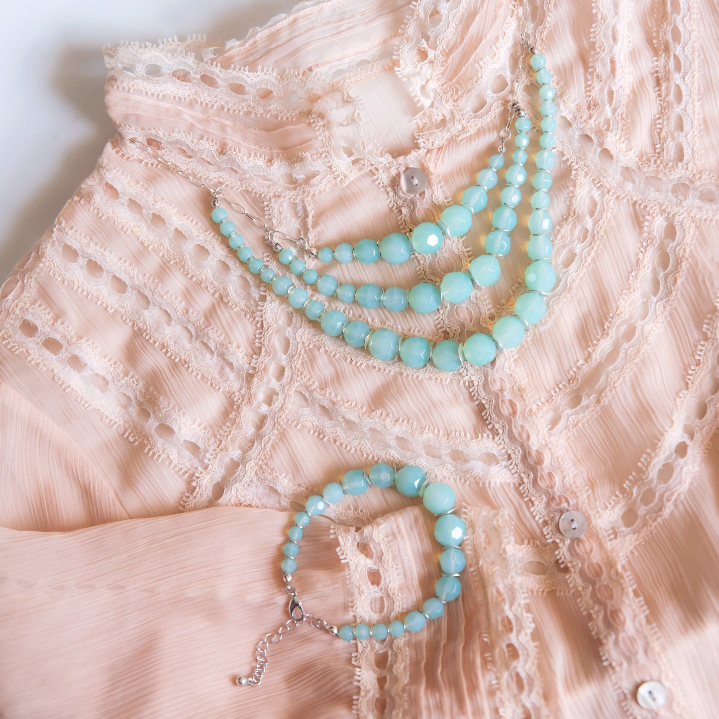 Elegant 3-Strand Mint Green Faceted Glass Bead Necklace and Bracelet Set with Silver Tone Chain