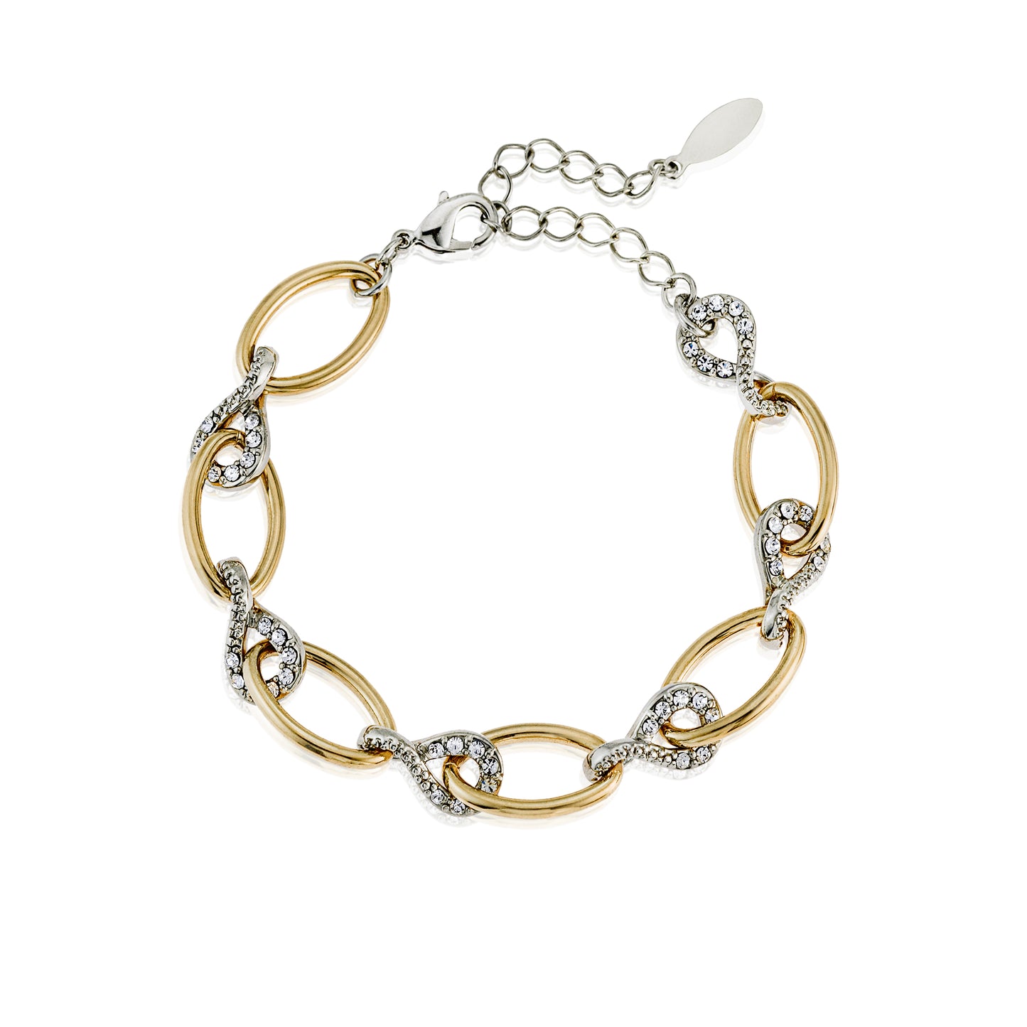 Two-Tone Crystal Link Chain Bracelet with Extender - Elegant Gold Silver Mixed Metal Fashion Jewelry for Women