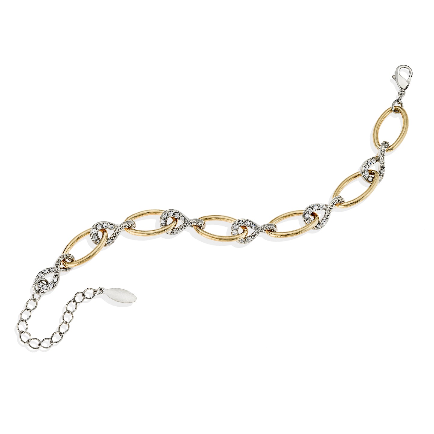 Two-Tone Crystal Link Chain Bracelet with Extender - Elegant Gold Silver Mixed Metal Fashion Jewelry for Women